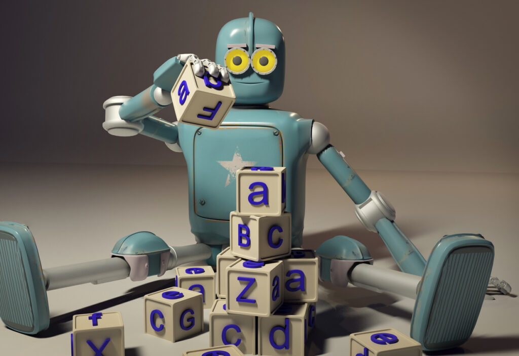 Robot playing with alphabet blocks used to illustrate how AI or machine learning is still in its infancy in regards to data collation. 