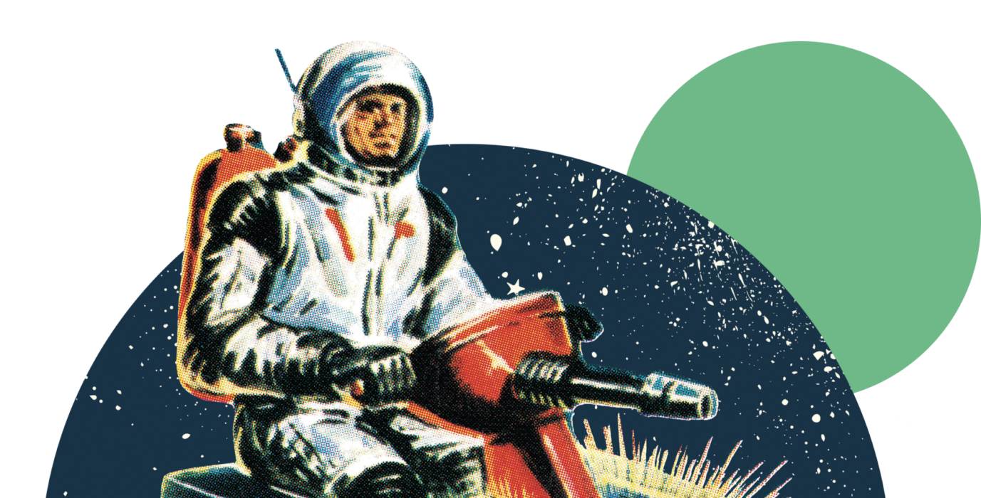 Modular uses illustration of a space man on a Defender space hovercraft to visually represent its website maintenance support service.