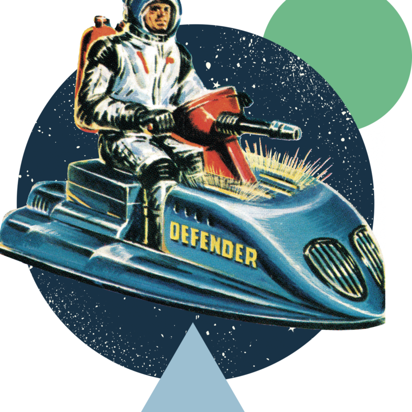 Modular uses illustration of a space man on a Defender space hovercraft to visually represent its website maintenance support service.