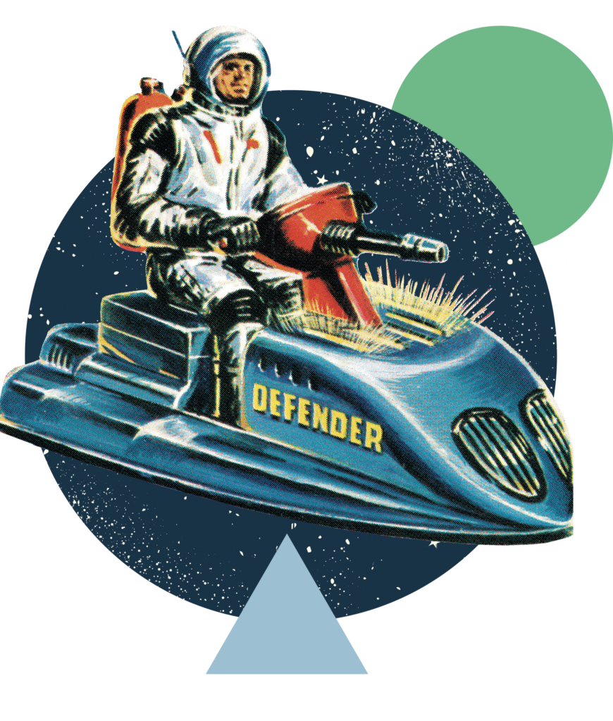 Modular uses illustration of a space man on a Defender space hovercraft to visually represent its website maintenance support service.