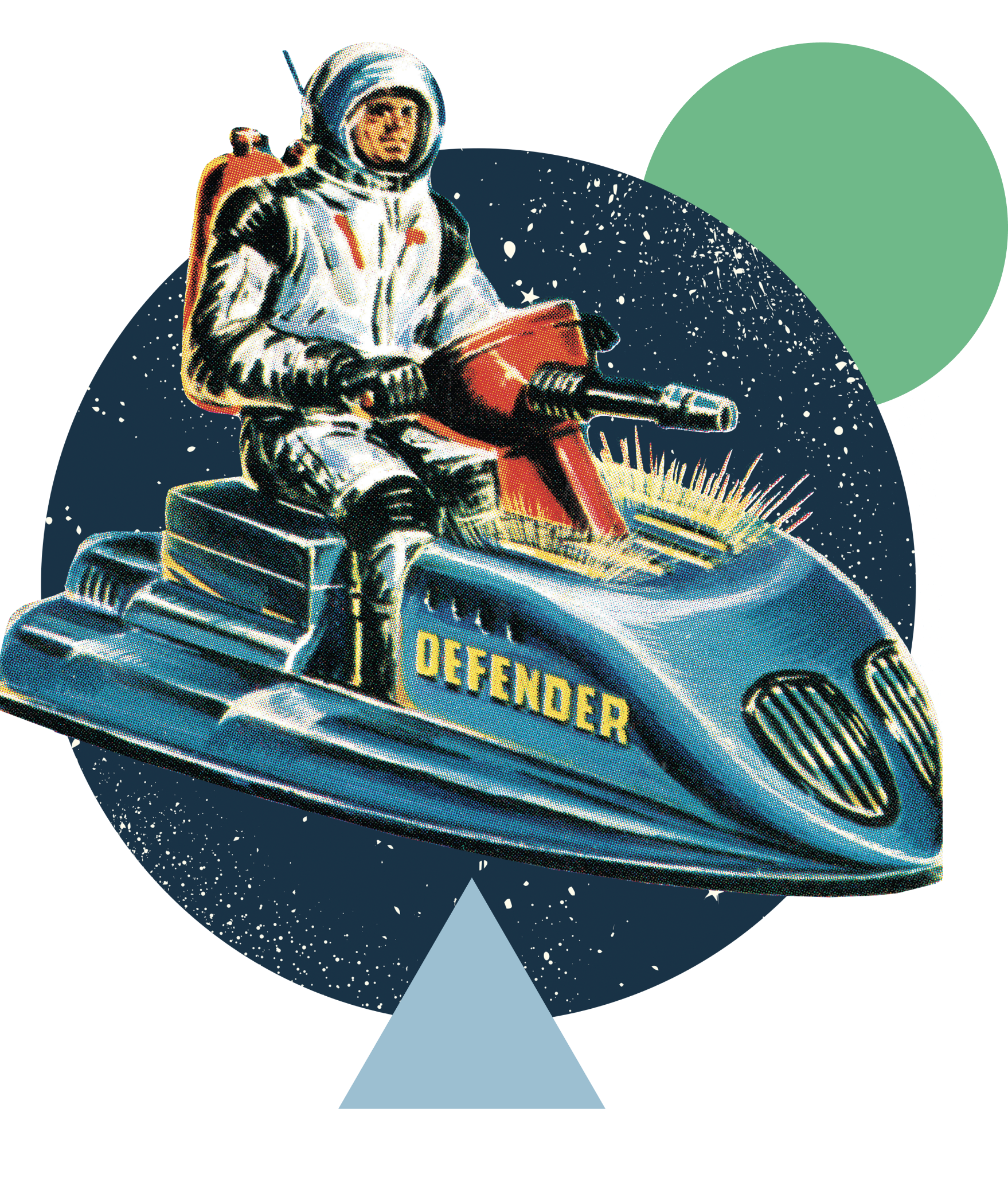 Modular uses illustration of a space man on a Defender space hovercraft to visually represent its website maintenance support service.